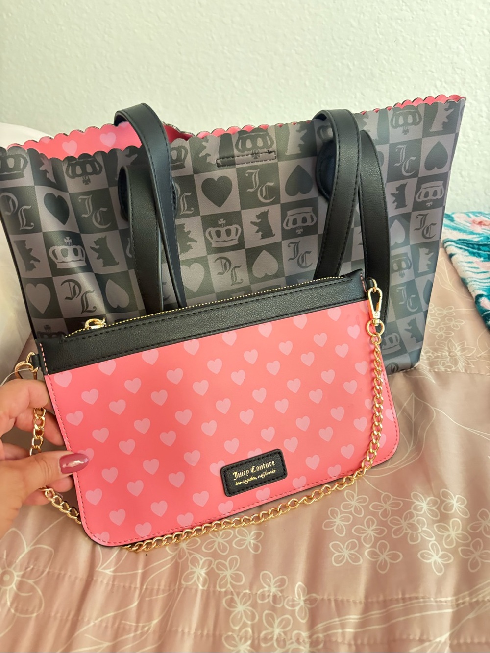 Juicy Couture Pink Heart Chain Crossbody with Gray Logo Tote